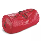 Red cylindrical storage bag with green handles, designed for holding or transporting items like holiday decorations or other bulky objects.