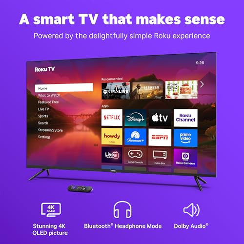Smart TV with Roku interface, offering 4K QLED picture, Bluetooth, headphone mode, and Dolby Audio support, showcasing streaming apps like Netflix, Disney+, Apple TV, and more.