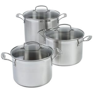 6pc Cuisinart Stock Pot Set includes three stainless steel pots with matching glass lids, each featuring sturdy side handles.