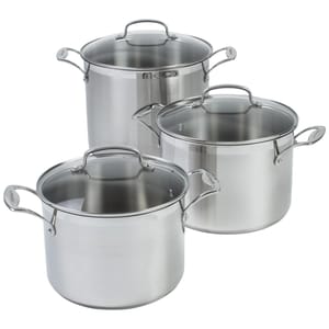 6pc Cuisinart Stock Pot Set includes three stainless steel pots with matching glass lids, each featuring sturdy side handles.