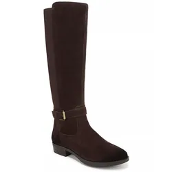 A tall, dark brown suede boot with a low stacked heel and a side buckle detail.