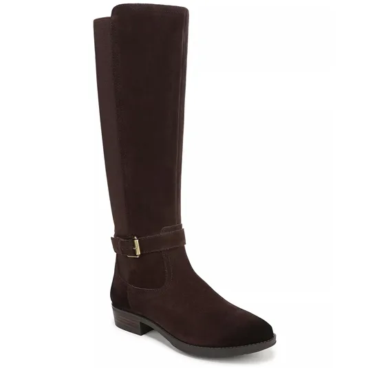 A tall, dark brown suede boot with a low stacked heel and a side buckle detail.