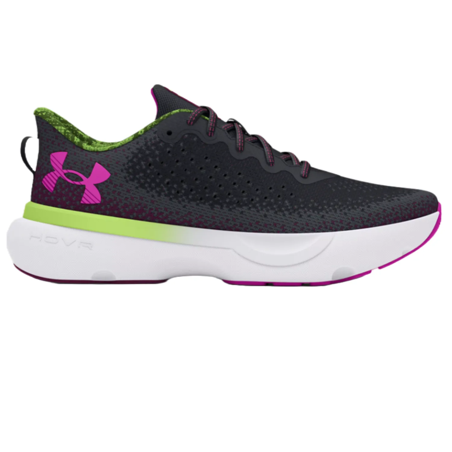UA Infinite Day Of The Dead Shoes feature a black upper with green and pink accents, a white HOVR sole, and a vibrant inner lining. The Under Armour logo is prominently displayed in pink on the side.