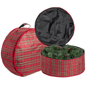 Two round plaid storage bags, one open and one closed, designed for storing artificial wreaths or similar decorations.