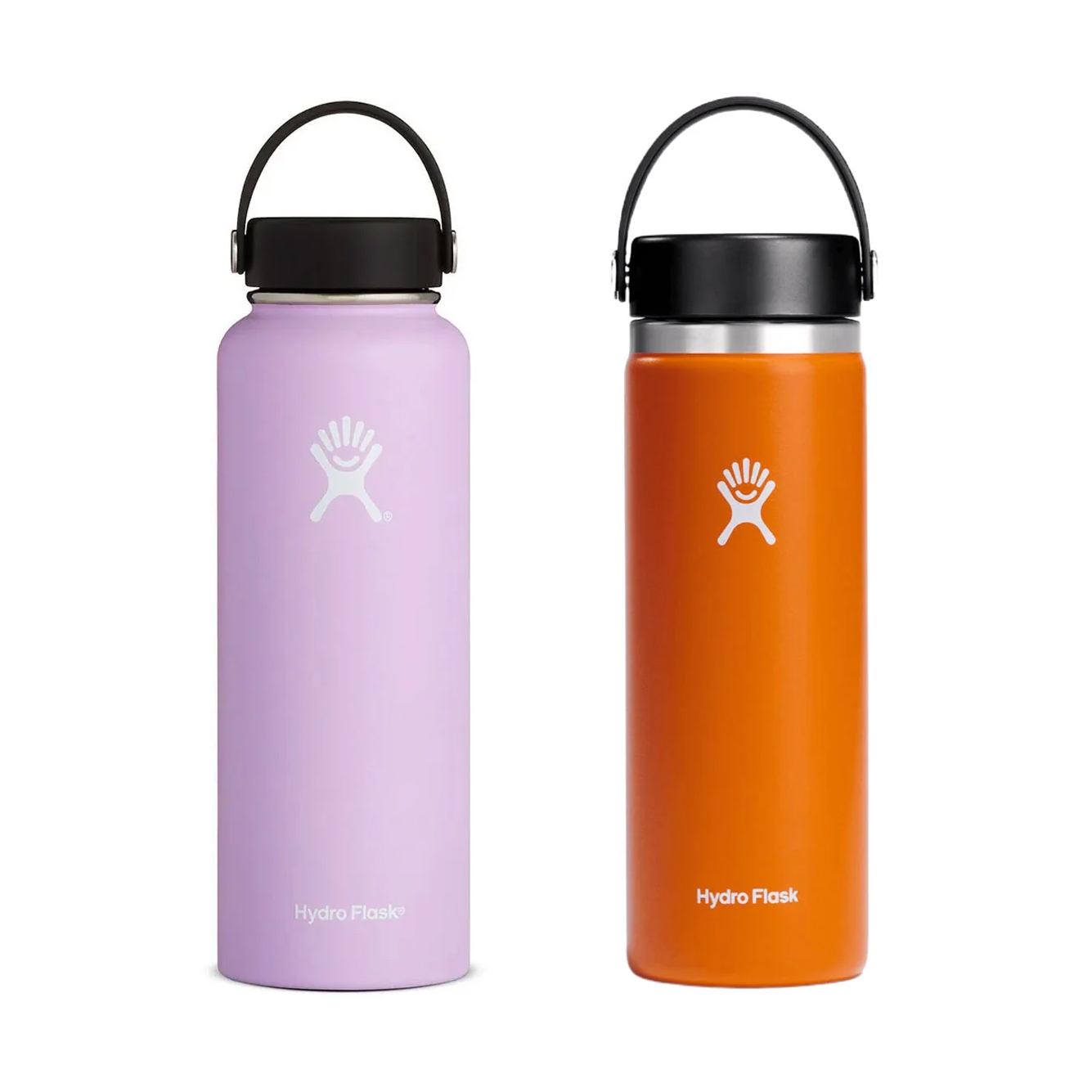 Two Hydro Flask water bottles, one purple and one orange, both with the brand's logo.