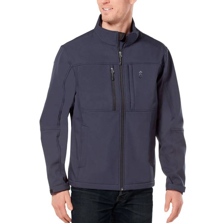 A navy blue softshell jacket with a front zipper closure, high collar, zippered chest pocket, two side pockets, and a small logo on the chest. Designed for a fitted look, suitable for outdoor wear.