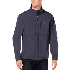 A navy blue softshell jacket with a front zipper closure, high collar, zippered chest pocket, two side pockets, and a small logo on the chest. Designed for a fitted look, suitable for outdoor wear.