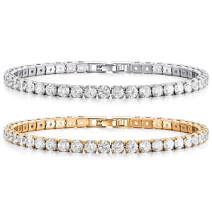 Two tennis bracelets featuring round-cut gemstones are shown. One bracelet is set in white metal, and the other in yellow metal, both showcasing a continuous row of sparkling stones.
