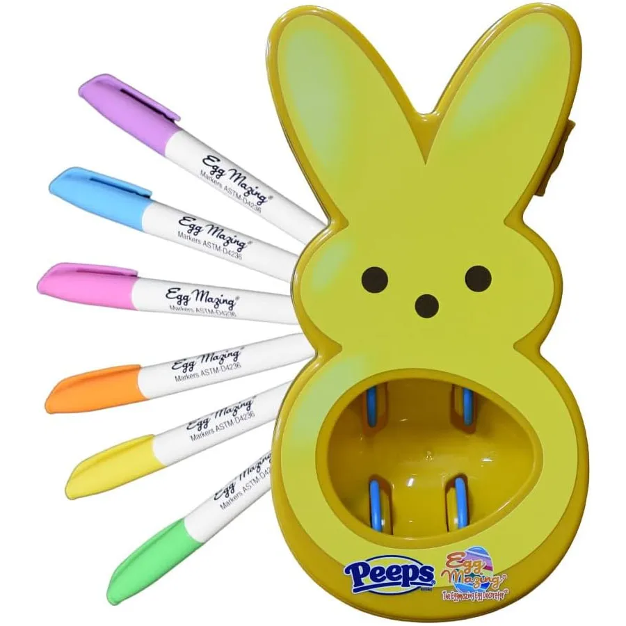 Eggmazing Egg Decorator Set includes a yellow bunny-shaped egg decorator and six vibrant markers in purple, blue, pink, orange, yellow, and green for creating colorful designs on eggs.