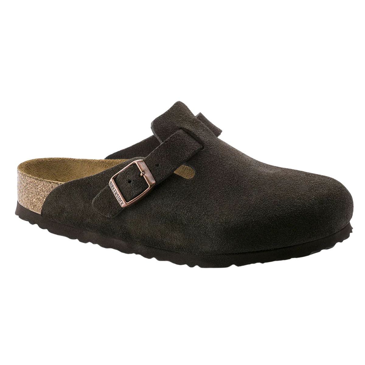 A dark brown suede clog with a cork footbed, adjustable strap, and metal buckle.