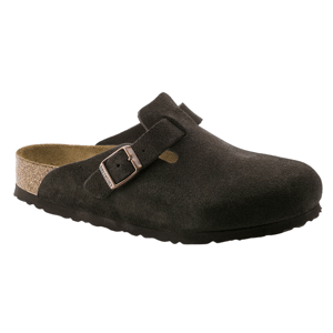 A dark brown suede clog with a cork footbed, adjustable strap, and metal buckle.