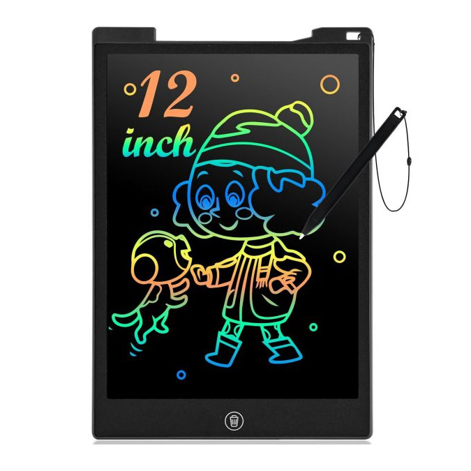 A 12-inch Kids' LCD Drawing Tablet with a stylus attached is shown. The screen displays colorful outlines of a child in winter attire with a dog.