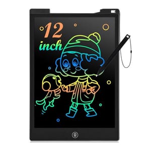 A 12-inch Kids' LCD Drawing Tablet with a stylus attached is shown. The screen displays colorful outlines of a child in winter attire with a dog.