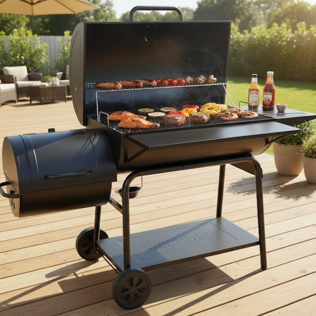 A charcoal grill with food items like chicken, steaks, sausages, vegetables, and pineapple slices cooking on it. Two bottles of sauce are visible on a side shelf.