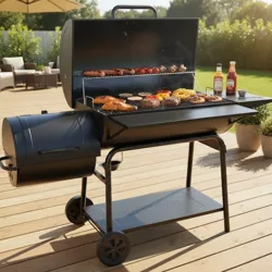 A charcoal grill with food items like chicken, steaks, sausages, vegetables, and pineapple slices cooking on it. Two bottles of sauce are visible on a side shelf.