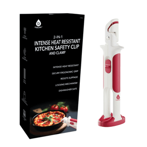 2-in-1 intense heat-resistant kitchen safety clip and clamp with an ergonomic grip, slip resistance, locking mechanism, and dishwasher safe. Packaging features the brand Pursonic and an image of the tool holding a hot dish.
