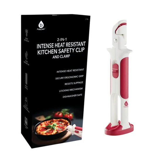 2-in-1 intense heat-resistant kitchen safety clip and clamp with an ergonomic grip, slip resistance, locking mechanism, and dishwasher safe. Packaging features the brand Pursonic and an image of the tool holding a hot dish.