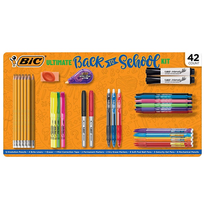 A back-to-school kit with pencils, pens, highlighters, markers, correction tape, and an eraser.