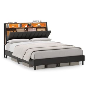 A bed with a wooden headboard includes built-in shelves for storage, a slanted cushioned backrest, and storage boxes underneath.