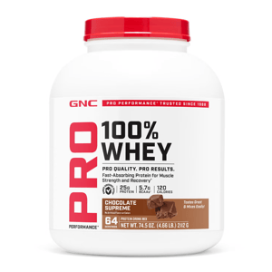 GNC Pro Performance 100% Whey protein in Chocolate Supreme flavor, with 25g protein, 5.7g BCAAs, and 120 calories per serving; contains 64 servings in a 74.5 oz container.