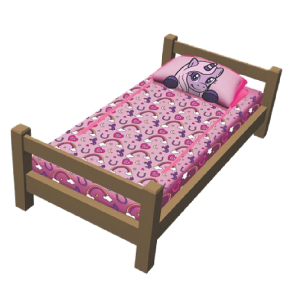 A wooden bed with pink unicorn-themed bedding featuring rainbows and stars. The pillow has a unicorn face design.