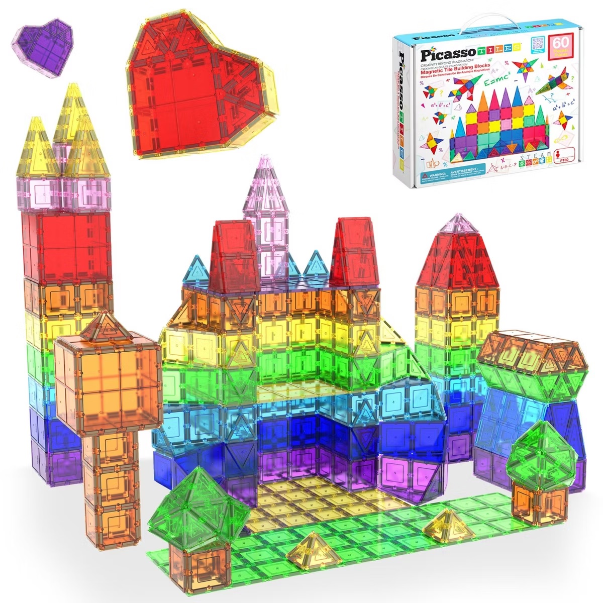 A colorful set of magnetic building tiles is showcased, forming various geometric shapes, including a castle and heart. The box displays \“PicassoTiles\“ branding with 60 pieces.