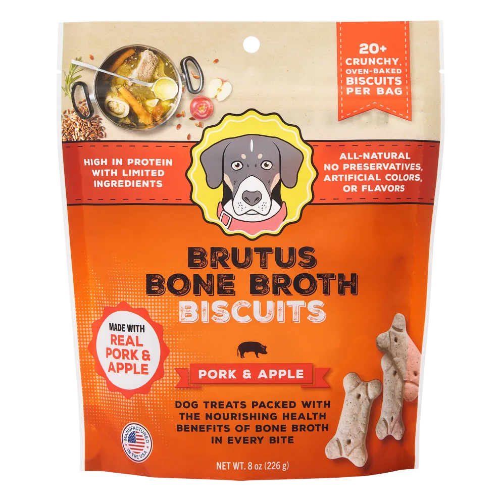 Brutus Bone Broth Biscuits are dog treats made with pork and apple, high in protein with limited ingredients, and are all-natural with no preservatives or artificial colors. They come in an 8 oz (226 g) bag and include 20+ crunchy, oven-baked biscuits per bag.
