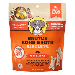 Brutus Bone Broth Biscuits are dog treats made with pork and apple, high in protein with limited ingredients, and are all-natural with no preservatives or artificial colors. They come in an 8 oz (226 g) bag and include 20+ crunchy, oven-baked biscuits per bag.