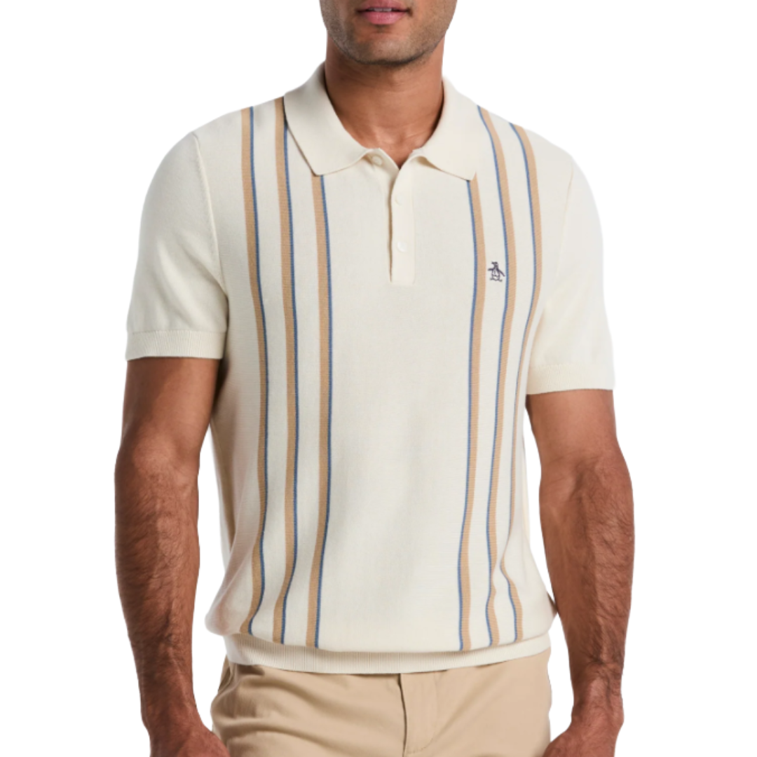 A short-sleeve polo shirt with vertical stripes in cream, blue, and tan, featuring a collar and small embroidered logo.