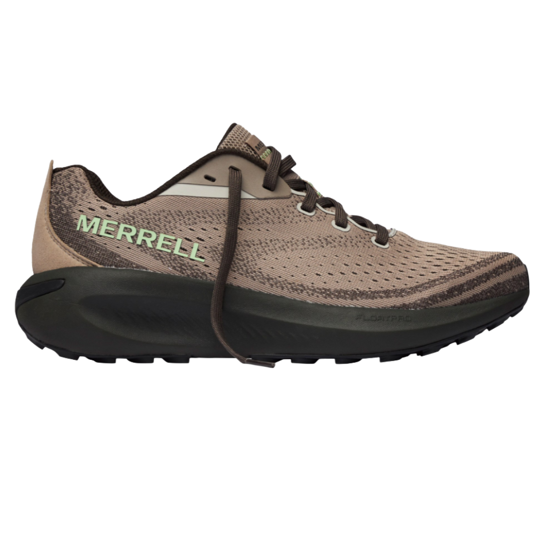 Merrell trail running shoe in tan with brown accents, featuring \“Merrell\“ branding on the side and a cushioned black sole with \“FloatPro\“ technology.