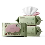 Bc Babycare wipes packaged in green, featuring a cloud-shaped pink lid. Contains 80 pieces, advertised as free from alcohol and synthetic fragrances, and made with natural plant extracts.