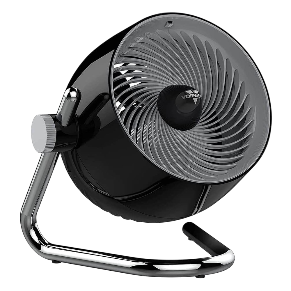A sleek black Vornado air circulator fan with a chrome stand and an adjustable knob for positioning.