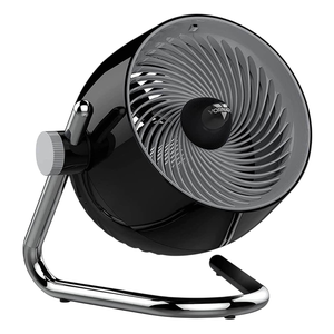 A sleek black Vornado air circulator fan with a chrome stand and an adjustable knob for positioning.