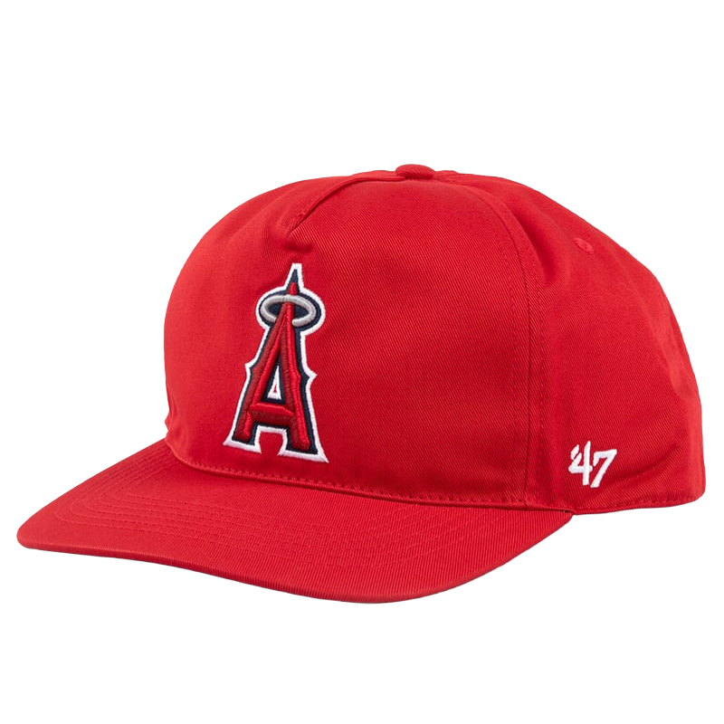 Red baseball cap with an \“A\“ logo featuring a halo, associated with the Los Angeles Angels, and a \“47\“ logo on the side.