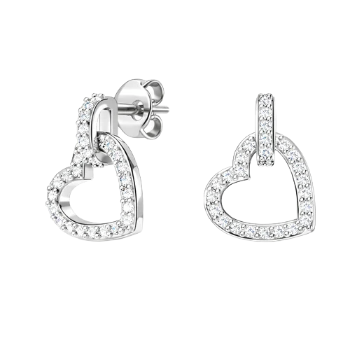 Heart-shaped earrings encrusted with small, sparkling stones and a stud with post-and-back closure.