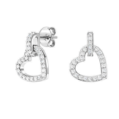 Heart-shaped earrings encrusted with small, sparkling stones and a stud with post-and-back closure.
