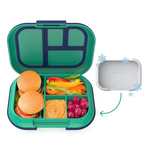 Green Bentgo lunch box opened to show compartments filled with sandwiches, vegetables, hummus, and grapes; an ice pack is indicated for keeping contents cool.