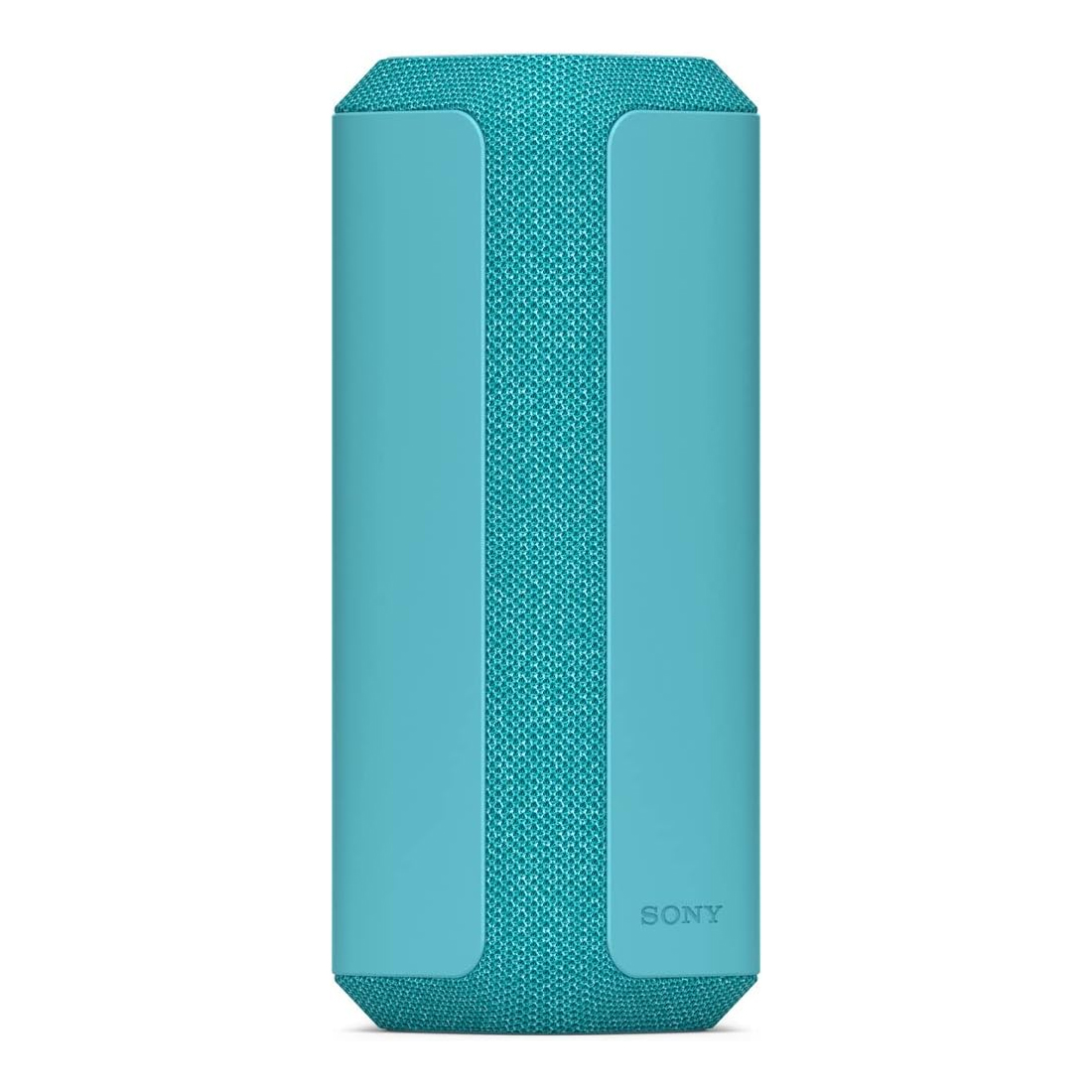 A teal Sony portable speaker with a fabric front and sleek design, featuring an octagonal shape and Sony branding at the bottom.