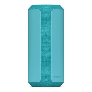 A teal Sony portable speaker with a fabric front and sleek design, featuring an octagonal shape and Sony branding at the bottom.