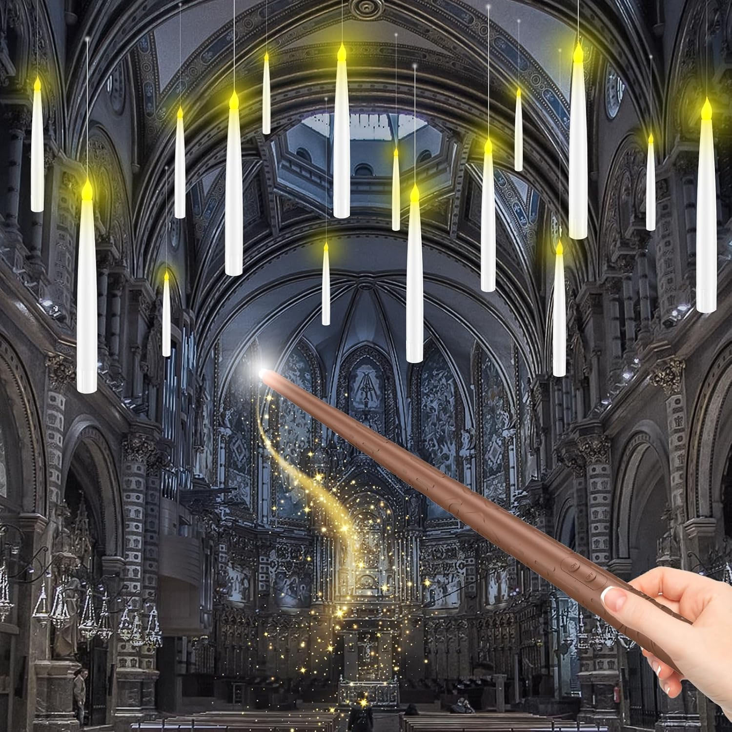Floating LED candles with warm yellow lights hang in a cathedral-like setting, while a hand holds a magic wand emitting a glowing trail.