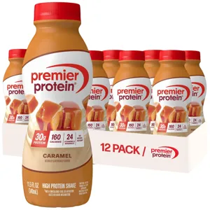 A 12-pack of Premier Protein Caramel shakes, each bottle contains 11.5 fl oz (340 ml) with 30g of protein, 160 calories, and 24 vitamins and minerals per serving.