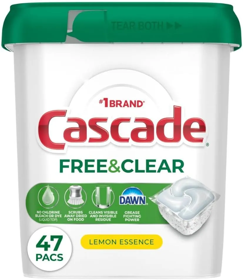 Cascade Free & Clear dishwasher detergent pacs, lemon essence, 47-count, featuring Dawn's grease-fighting power and free from chlorine bleach.