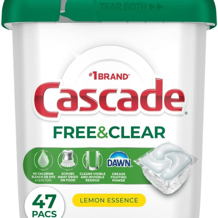 Cascade Free & Clear dishwasher detergent pacs, lemon essence, 47-count, featuring Dawn's grease-fighting power and free from chlorine bleach.