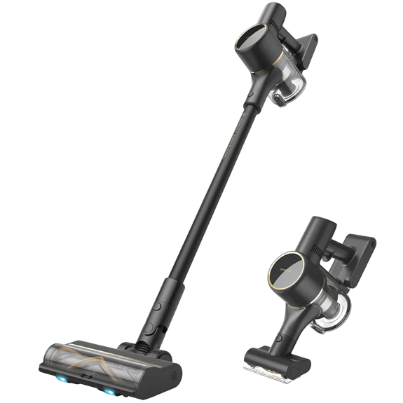 Cordless vacuum cleaner with a sleek black design and a detachable handheld unit, featuring a long stick handle and a transparent dust container.