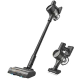 Cordless vacuum cleaner with a sleek black design and a detachable handheld unit, featuring a long stick handle and a transparent dust container.