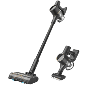 Cordless vacuum cleaner with a sleek black design and a detachable handheld unit, featuring a long stick handle and a transparent dust container.