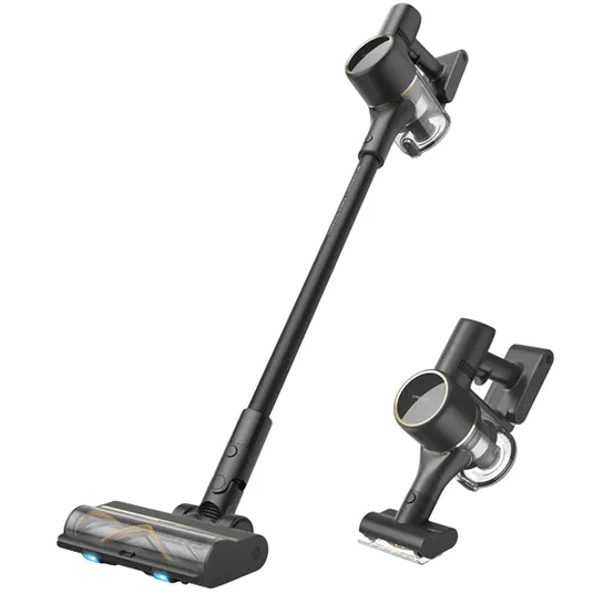 Cordless vacuum cleaner with a sleek black design and a detachable handheld unit, featuring a long stick handle and a transparent dust container.