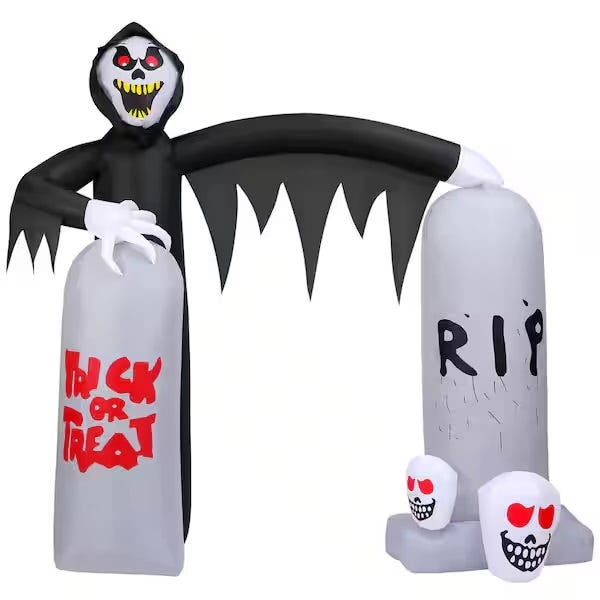 Inflatable Halloween decoration featuring a grim reaper with outstretched arms, standing behind two tombstones labeled \“Trick or Treat\“ and \“RIP,\“ with three skulls featuring red eyes at the base.
