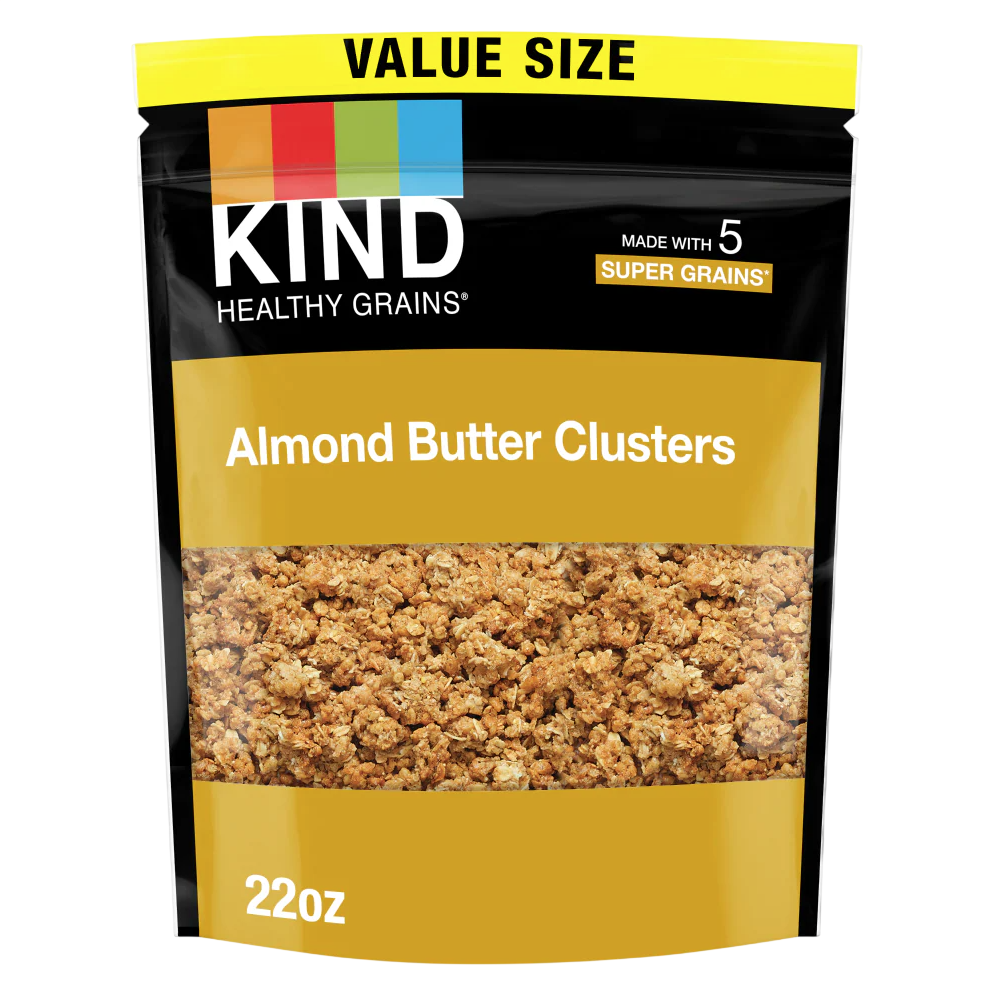 KIND Healthy Grains Almond Butter Clusters, featuring 5 super grains, in a value-size 22 oz package.
