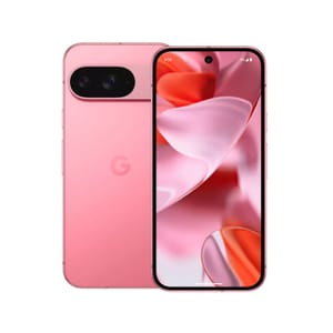 A pink Google Pixel 9 phone with a dual-camera setup on the back and a front-facing display featuring a colorful, abstract wallpaper. The design is sleek, with the Google \“G\“ logo visible on the back.